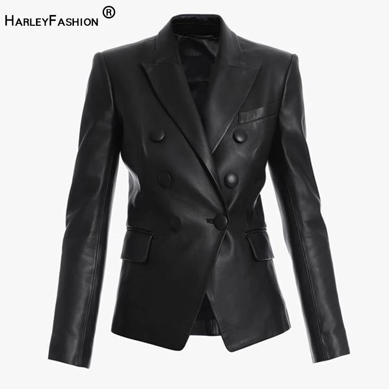 

HarleyFashion New Autumn Winter Clothing Women Luxury Black PU Leather Blazer Double Breasted Slim Female Jacket