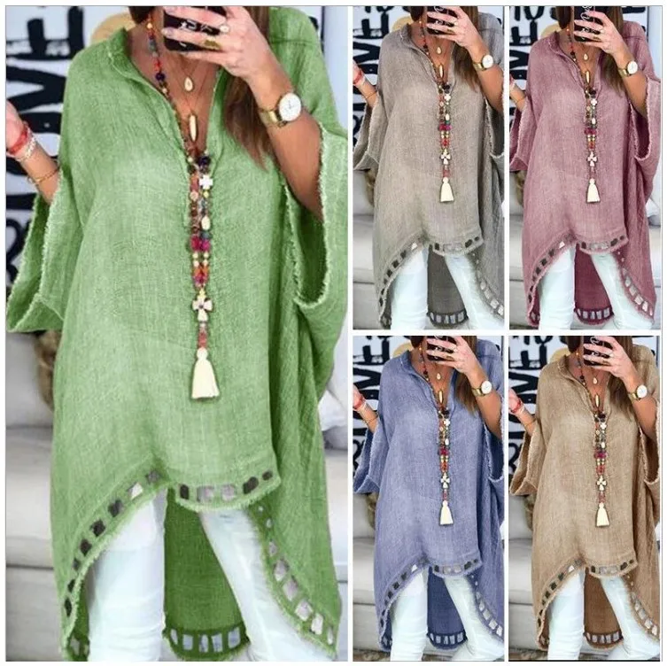 New Women Fashion Solid Colors V-neck Cotton Line Vintage Loose Irregular Long Sleeve Shirt Tops Blouse Blusa Plus Size#g3 | Женская