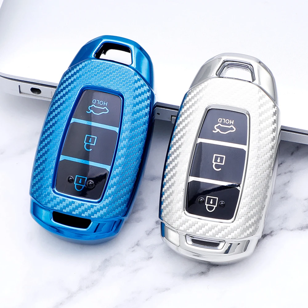 Чехол для ключей автомобиля из углеродного волокна ТПУ Hyundai Santa Fe TM 2019 I30 2018 Solaris Azera