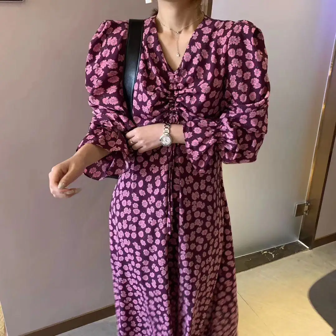 

Женское платье с V-образным вырезом, платье с рукавами-фонариками и цветочным принтом, весна 2020