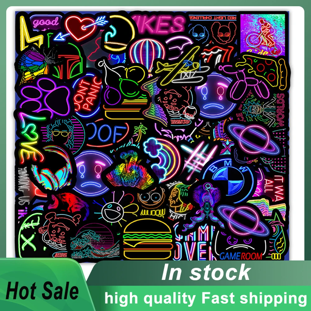 

50 шт., разноцветные неоновые аниме наклейки из ПВХ