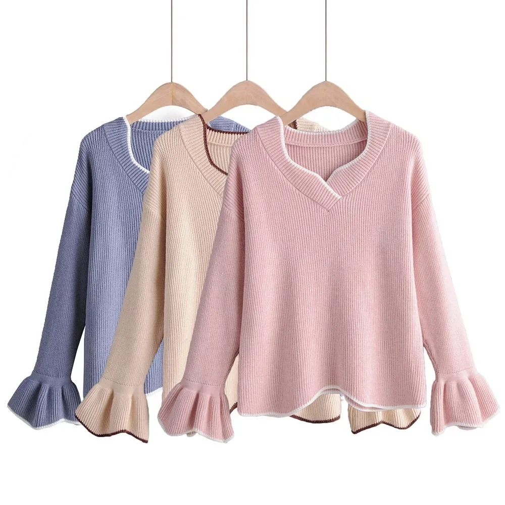 

Women Clothes 2019 Autumn and Winter Clothes Women V-neck Flared Sleeve Pull Femme Pullover Women Sweater Women