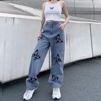womens high waisted jeans butterfly print straight wide leg denim pants baggy loose casual trousers streetwear