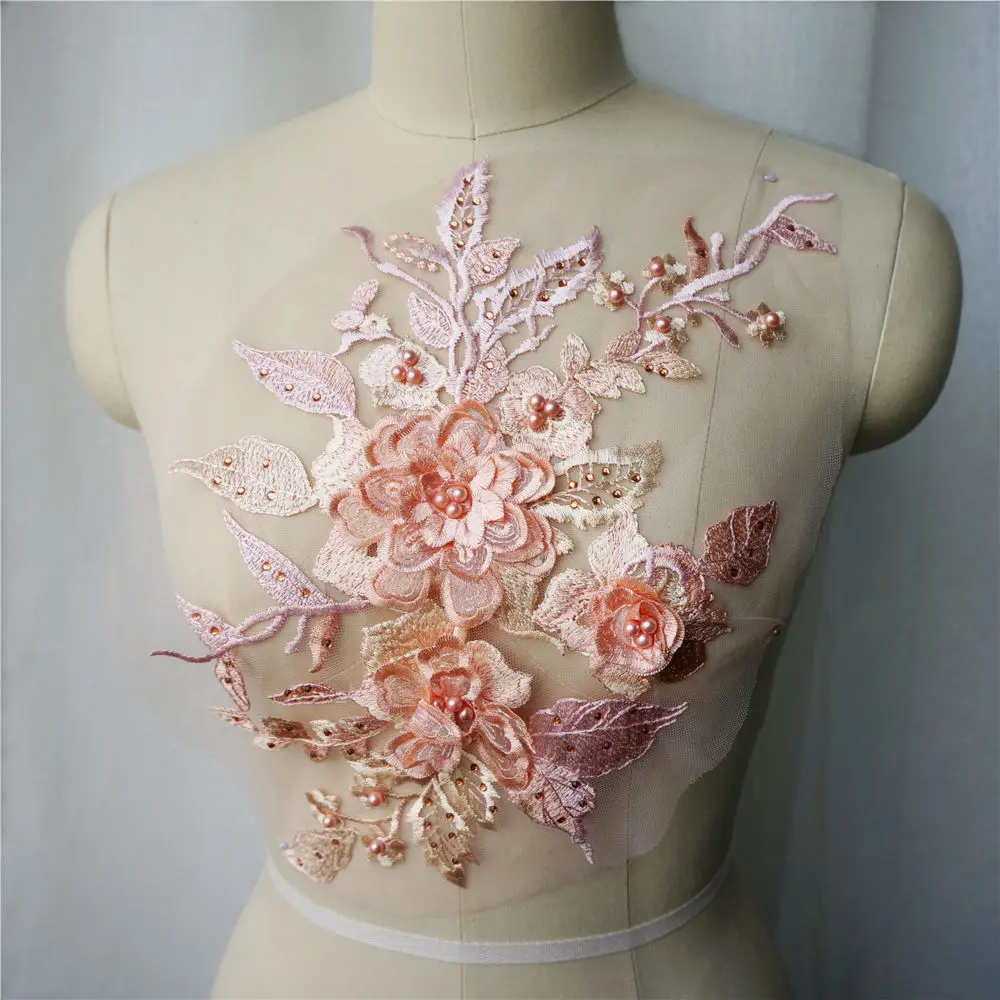 Apricot Pink Beads Lace Fabric Sequin 3D Flowers Embroidered Gown Appliques Collar Mesh Sew Patch For Wedding Dress Decoration | Дом и сад