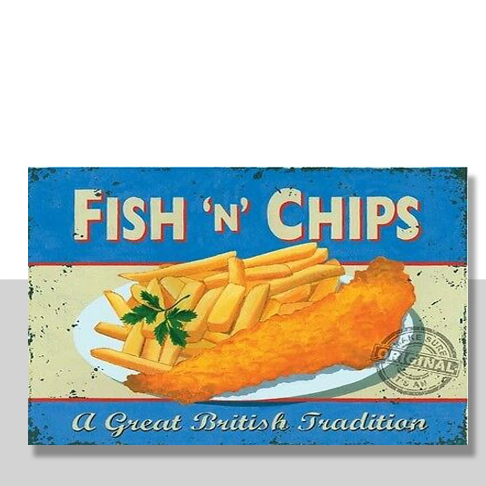 

Рыба и чипсы, винтажный магазин, паб, бар, кухня, кафе, старое блюдо, маленькая металлическая жестяная вывеска