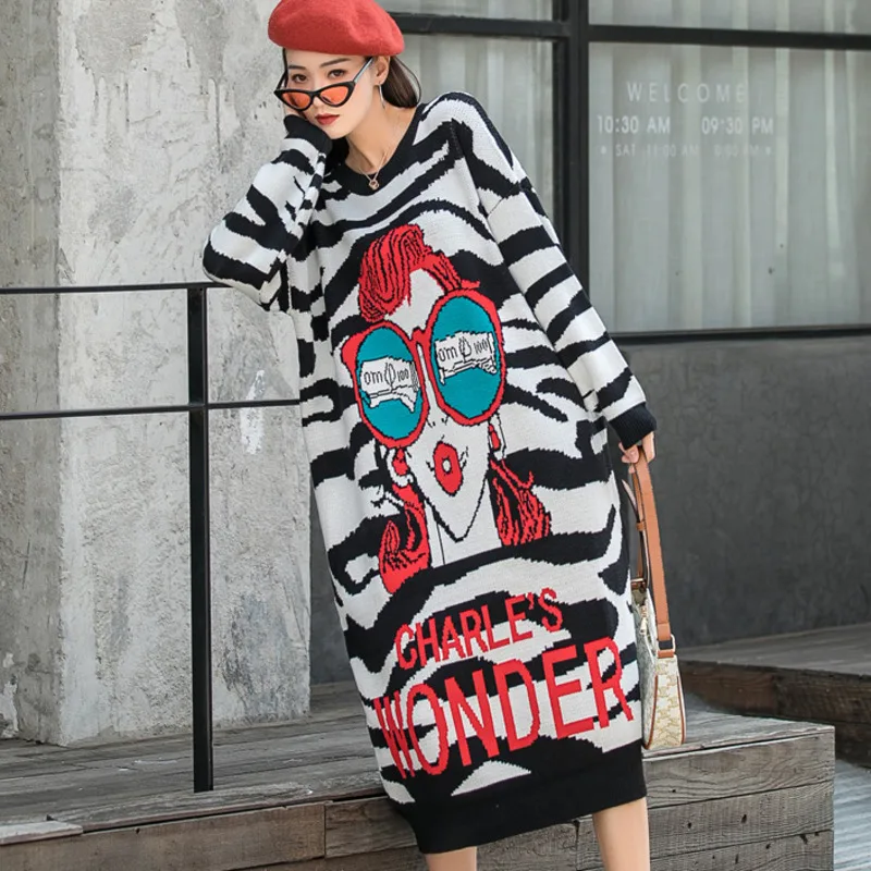 QING MO 2022 Spring New Women Clothing Printed Sweater Dress Large Size Black White Striped TT115Q | Женская одежда