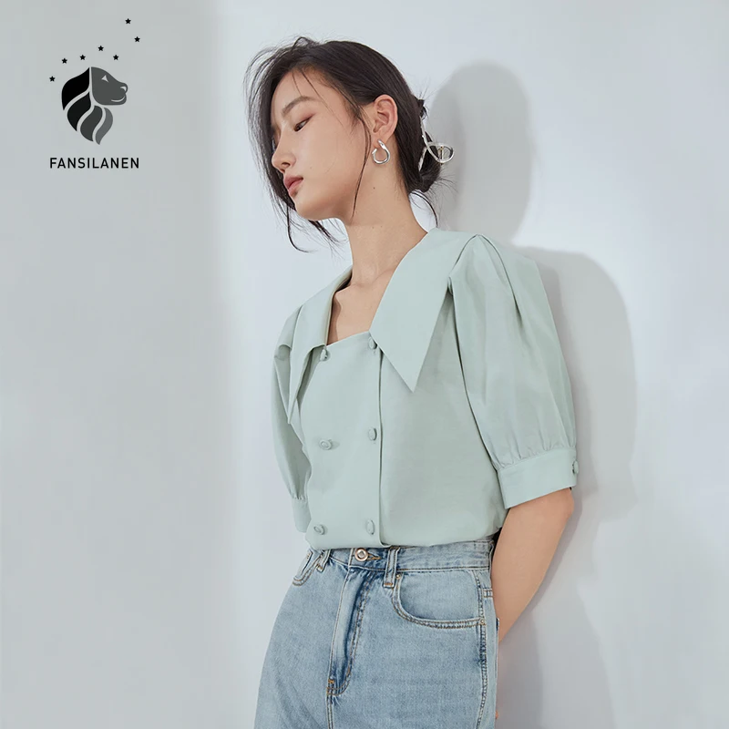 

FANSILANEN French Retro Light Dreen Short-Sleeved Shirt Female Design Sense Niche Puff Sleeve Top Summer 2021 New Style