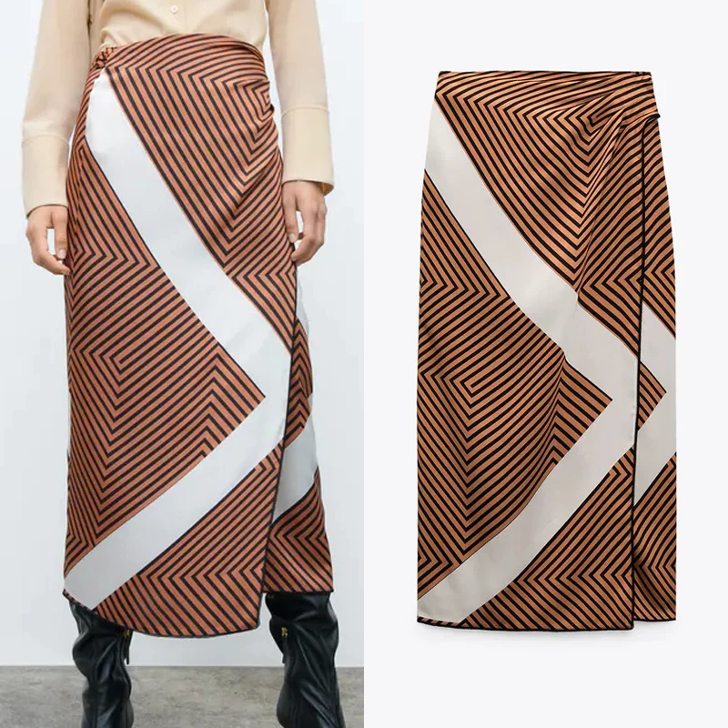 

Юбка-миди женская с завышенной талией, Элегантная Модная уличная длинная юбка с узлом, в полоску, с запахом, на осень