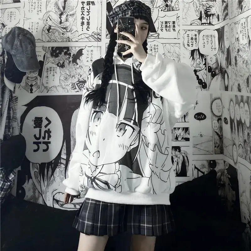 

Japanese Anime Hoodie female Clothes Women Sweatshirt Korean Fashion Print Long Sleeve Tops Loose Warm Velvet oversized Pullover
