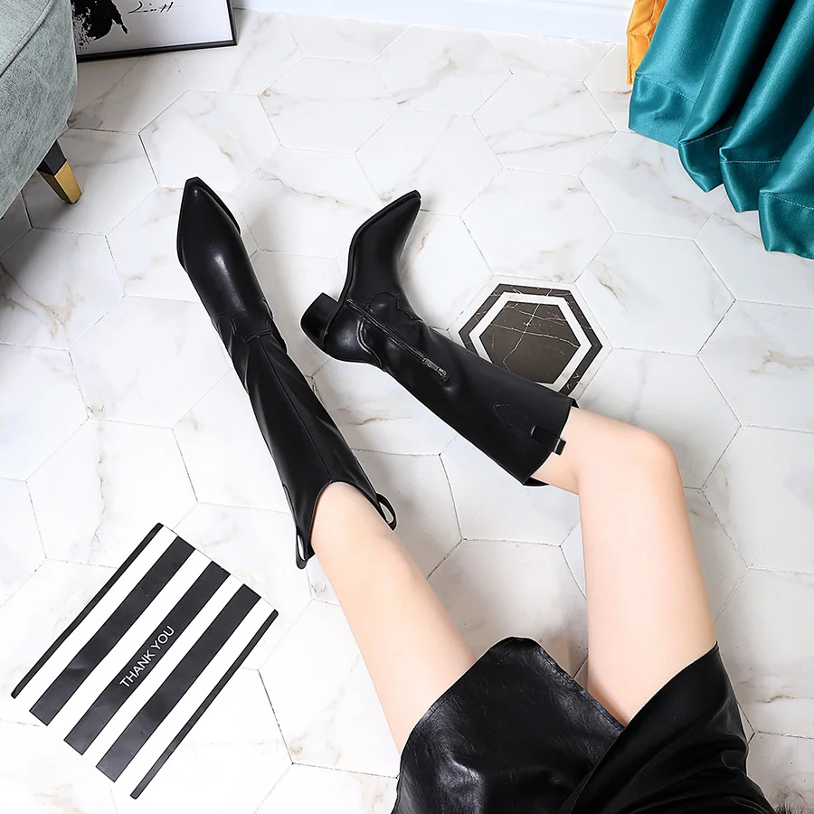 Новая зимняя модная женская обувь на толстом высоком каблуке с острым носком в