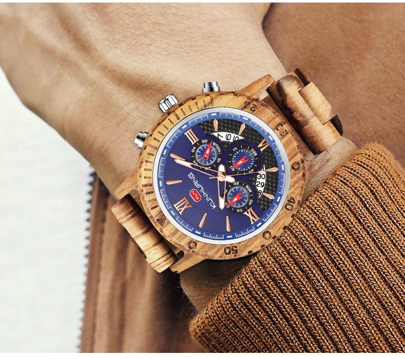 

KUNHUANG Top Brand Men's Luxury Chronograph Wooden Watch Men Wooden Adjustable Wrist Military Watches Clock Male reloj hombre
