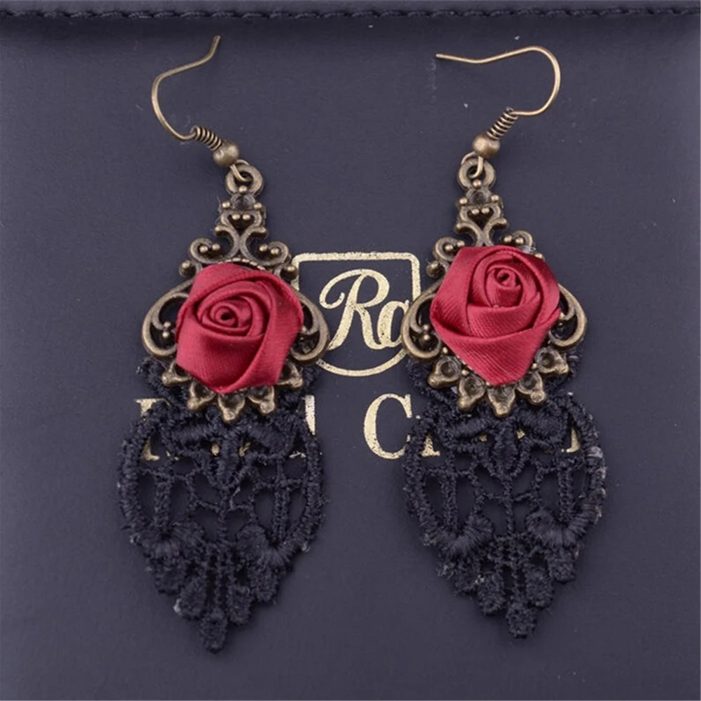 

1 пара винтажных свадебных украшений в стиле панк-рок-готика, висячие серьги в виде роз для женщин, кружевные висячие серьги
