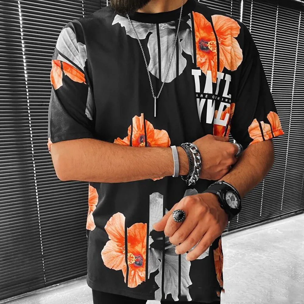 

Fashion Summer New 2021 Western Style Loose Casual Simple T-shirt Rose Printing Letter Round Neck Summer