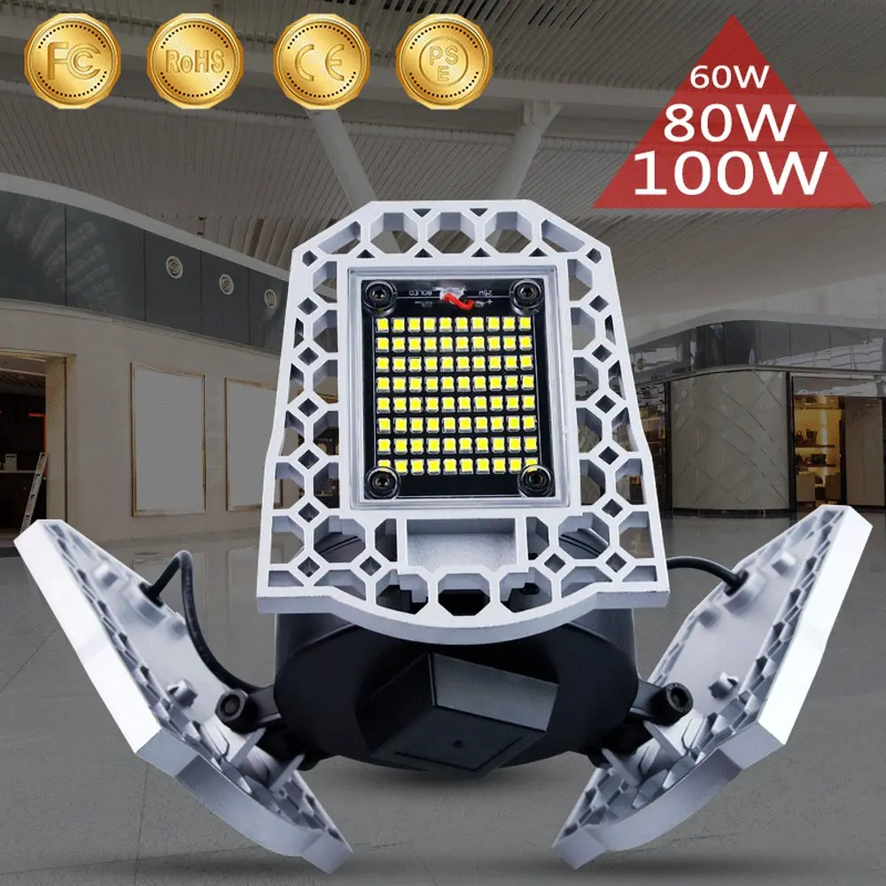 

60/80/100W LED Garage Light Deformation Light Control Sensor Adjustable Angle Ceiling Lamp for Workshop Soccer Field Lights