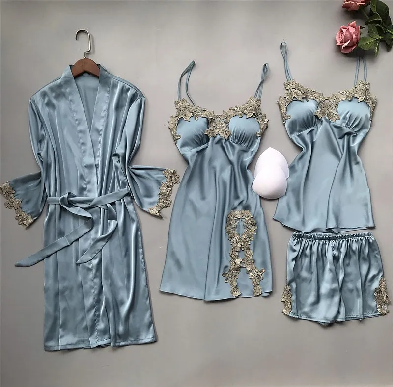 

Satin Women Pajamas Set 4PCS Sleep Set Sexy Lace Patchwork Sleepwear 2021 New Nightwear Kimono Bathrobe Gown Soft Pyjamas