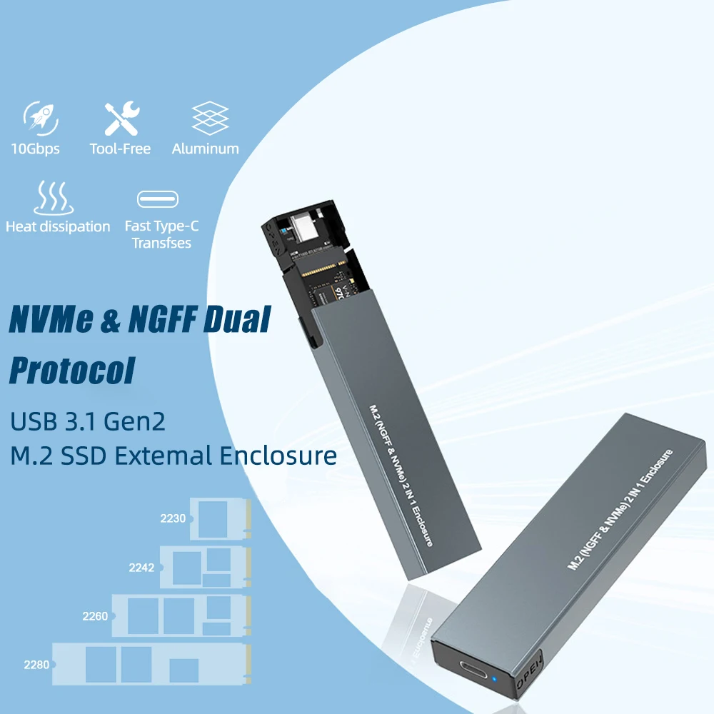 Dual Protocol M.2 NVMe Case USB C Gen2 10Gbps PCIe SSD M2 SATA NGFF 5Gbps Tool Free For 2230/2242/2260/2280 |