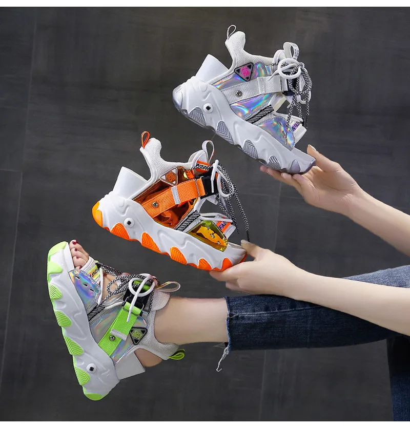 Модные блестящие женские кроссовки с блестками Босоножки на платформе и высоком