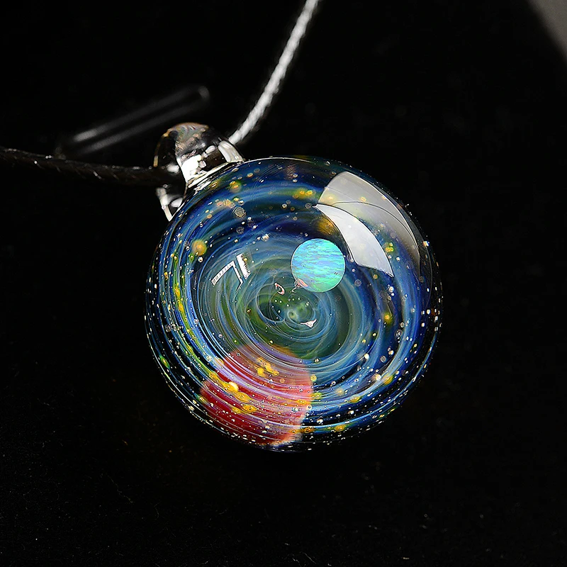 LKO Nebula Cosmic Handmade Opal Galaxy Glass Pendant with Rope Necklace Men Women Couple Jewelry Valentine's Day Present