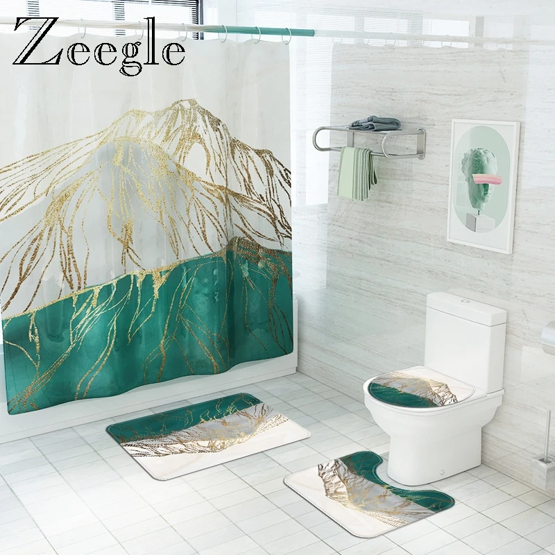 

Mountain Printed Bath Mat and Shower Curtain Set Anti-slip U-Shaped Toilet Rug Shower Room Decortain Absorbent Floor Carpet Set