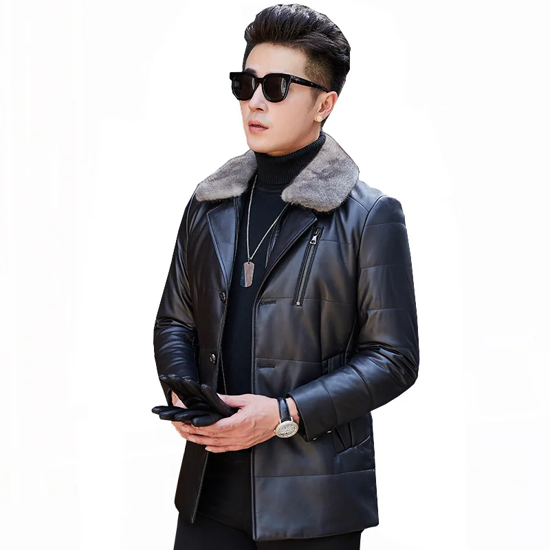 

Brand new mid-length coat in winter, real sheepskin leather windbreaker, men's gray mink fur collar down jacket