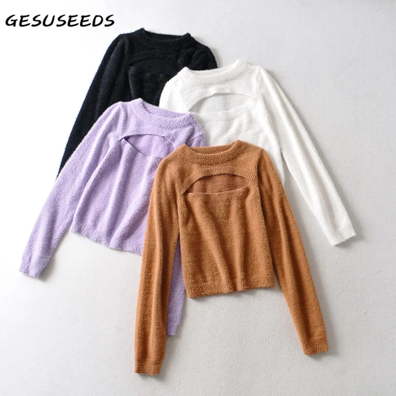 

Женский облегающий мохеровый свитер, белый пуловер с длинным рукавом и круглым вырезом, облегающий пуловер фиолетового цвета, 2020