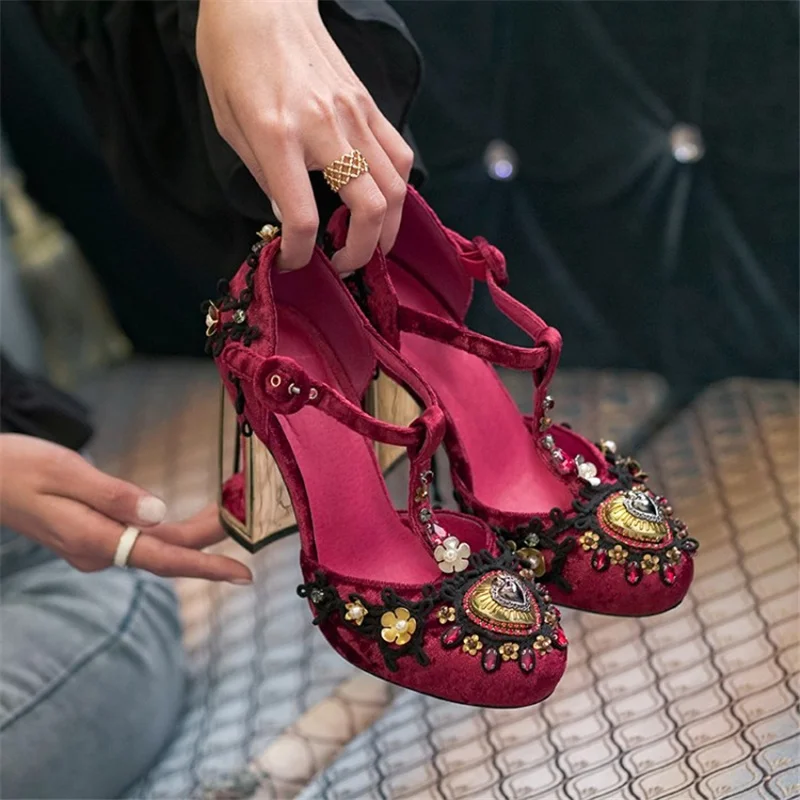 Women Sandals Ethnic Style Cheongsam With Beaded Embroidered Word Buckle Women Shoes Summer Buckle Strange Heels Sandalias Mujer