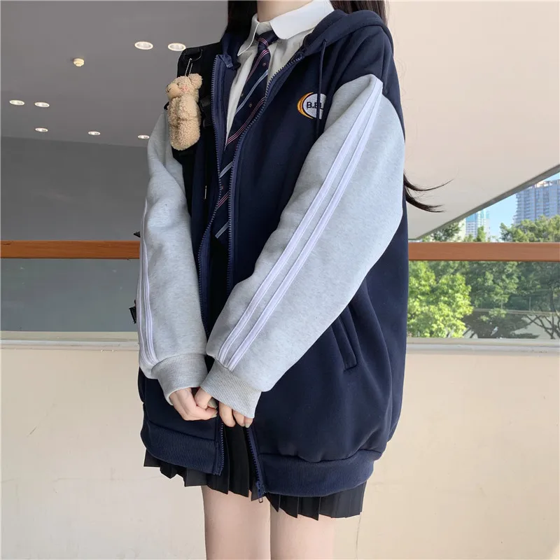 Harajuku Hoodies Casual Winter Sweatshirt Zipper Pocket Sweatshirt Solid Color Coating Korean Loose Wild Sweetshirt for Girls