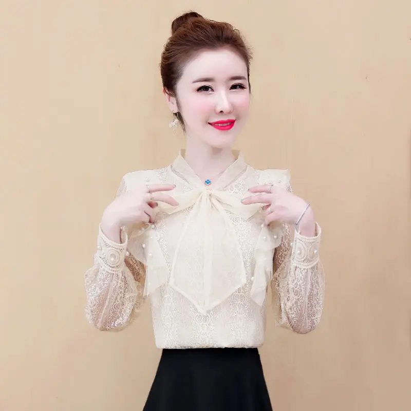 

Женская шифоновая блузка Весна-Осень с вышивкой и бантом, элегантные топы с длинным рукавом и заклепками DD9016