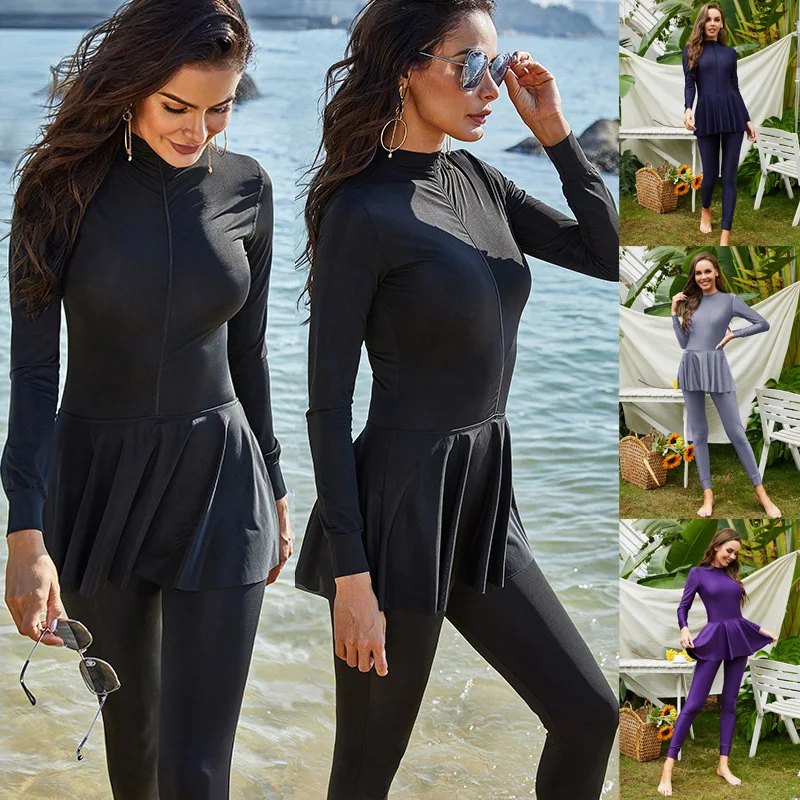 

Solid Color Long-Sleeved Trousers Fully Surrounded Conservative Beach Surf Sunscreen Swimsuit Muslim One-Piece Swimsuit