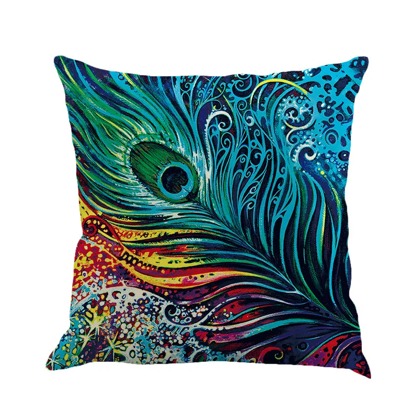 Персиковый декоративный чехол для подушки с изображением павлиньих перьев