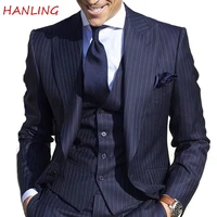 mens pinstripe suit slim fit stripe peaked lapel jacket vest pants sets