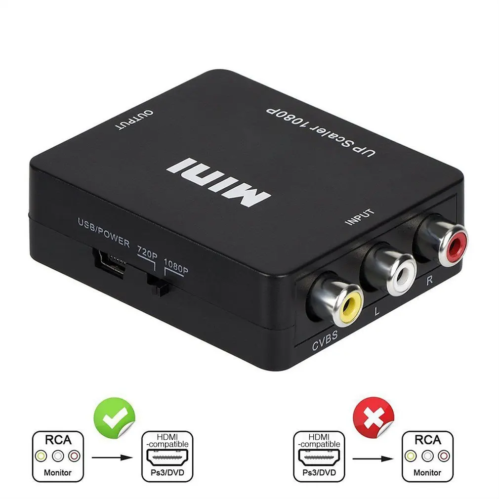 Портативный размер Черный RCA AV к HDMI-совместимый конвертер/адаптер подходит для