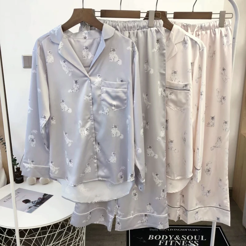 

cat printing silk pajamas sleepwear homewear women clothing sets summer plus size pajama set women sleepwear silk pajamas
