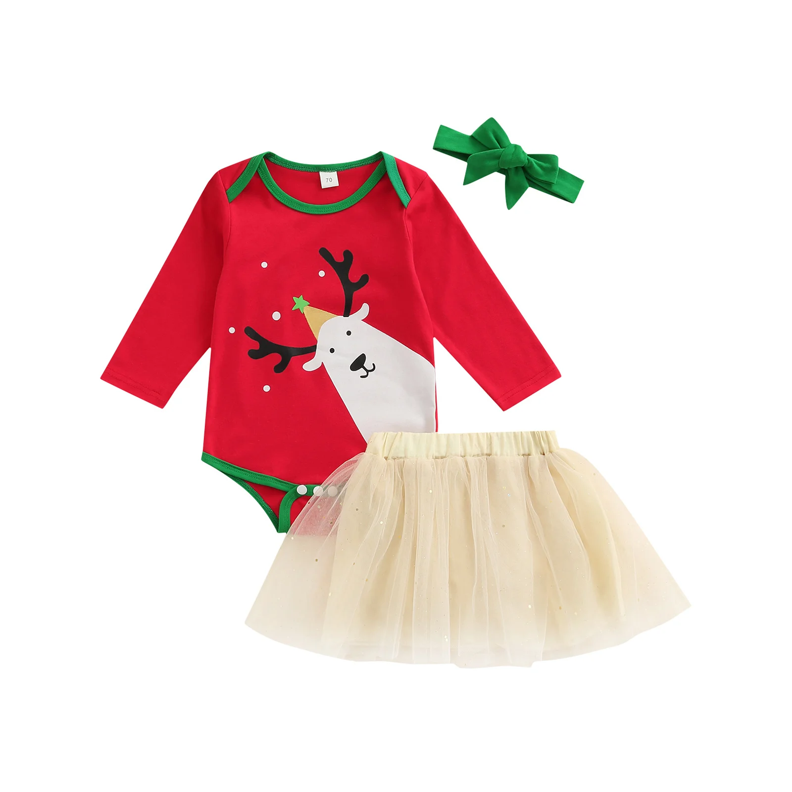 

3 Pieces Baby Suit Set, Elk Print O-Neck Long Sleeve Romper+ Solid Color Skirt+ Headband for Girls, 0-18 Months