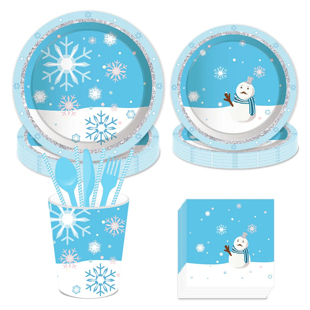 

Winter Snow Dinner Plates Party Decorations Merry Christmas Disposable Napkin Cups Tableware Baby Shower Snowmen Party Favors