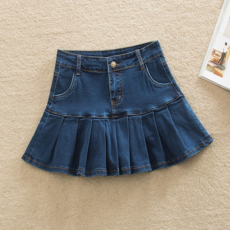 

Women Denim Skirts Ruffles Large Size Jeans Skater High Waist Bottom Female Casual Pleated Micro Mini Short Jurken Saias J3284