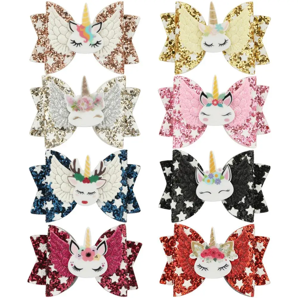 

free shipping 8pcs 3”Glitter Hair Bows For Girls Cute Unicorn Wings Girls Hair pins star hair clip