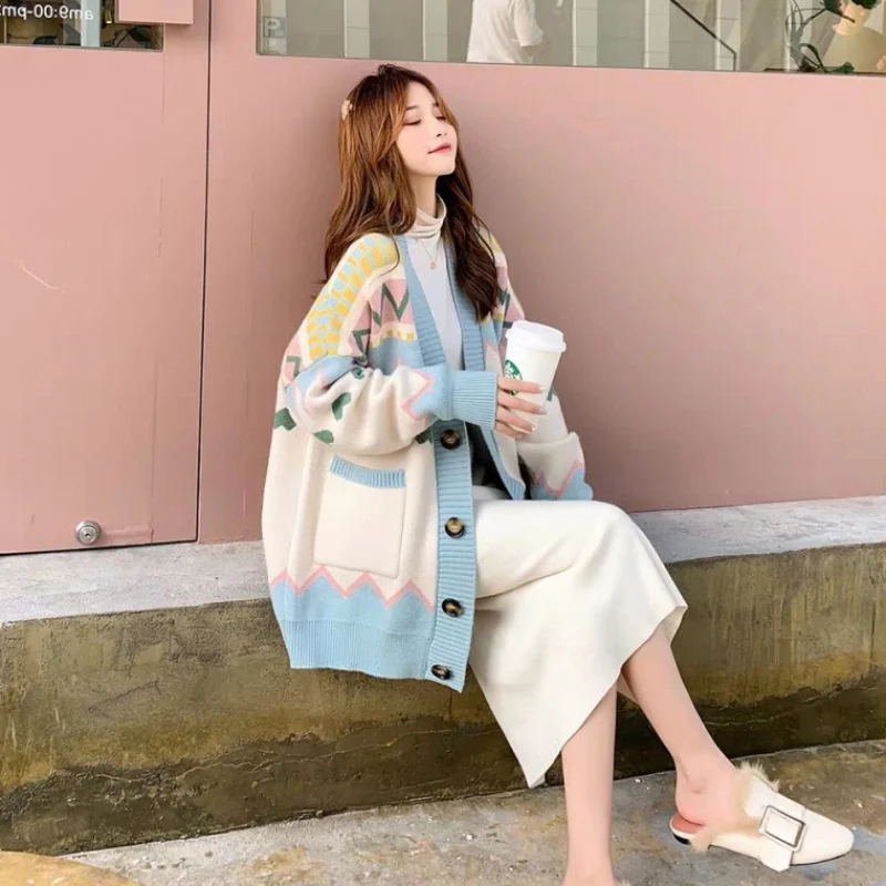 

Spring Autumn Sweaters Women Casual V-Neck Plus Size Knitted Cardigans Coat Harajuku Girl Fashionable High Elasticity All Match