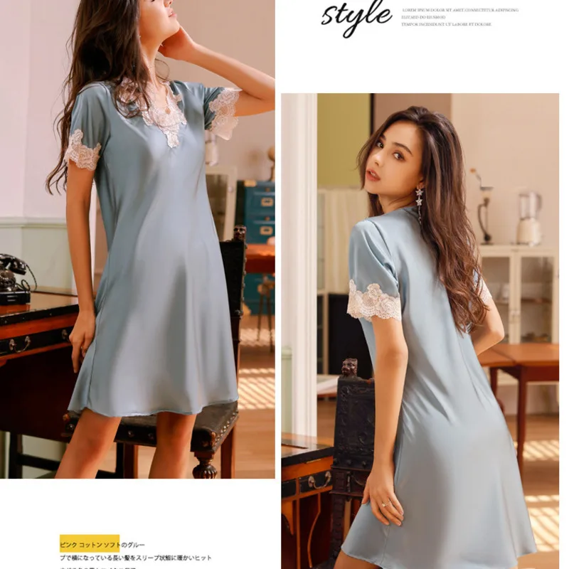 New Summer Nightdress Women Ice Silk Lace V-Neck Short Sleeve Nightgown Sleepdress Casual Nightwear Night Shirt Female Nighties