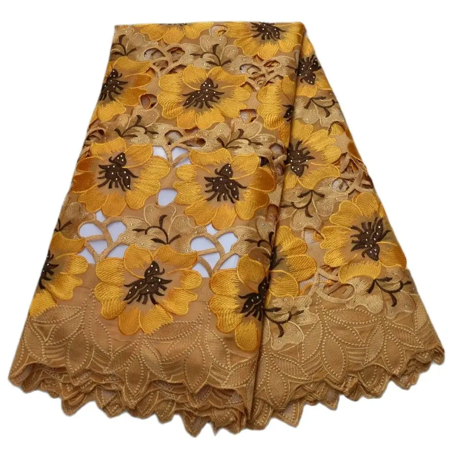

Free Shipping 2021 new design gold High quality handcut wedding lace African Fabric 5 Yards embroidered Swiss Voile Lace-N88207