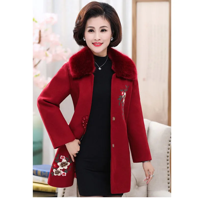 

New Autumn Clothes Woolen Cloth Ladies Jacket Winter Plus Cotton Thicken Embroidered Ms Windbreaker Mid-long Fur Collar Overcoat