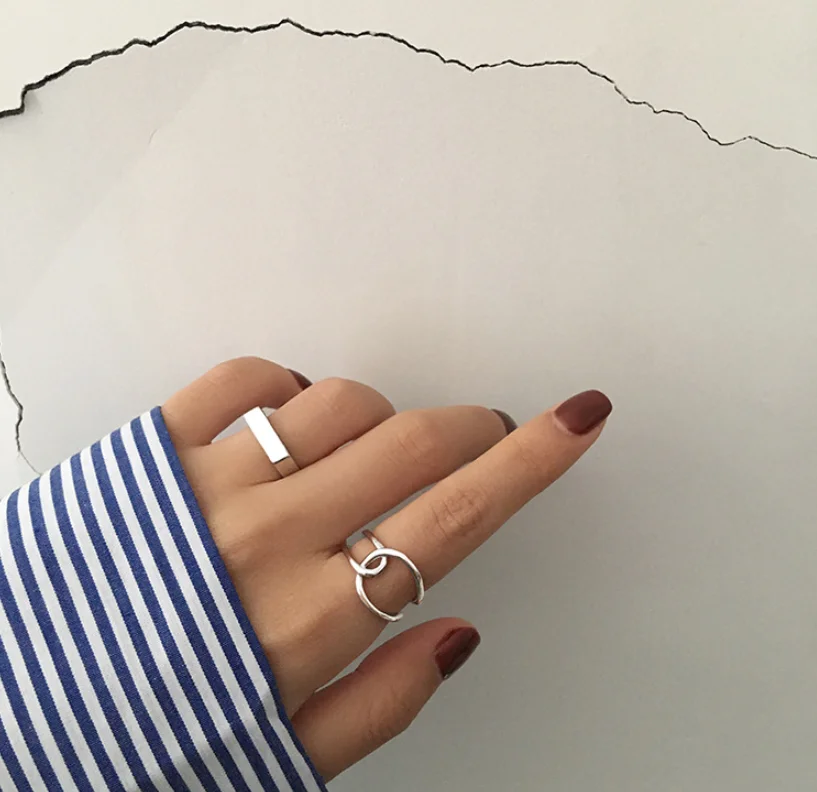 Модное простое гладкое прямоугольное серебряное Открытое кольцо на палец для