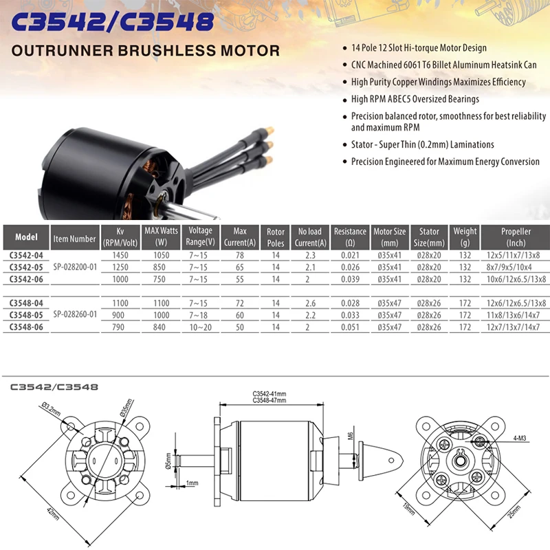 

SURPASS HOBBY C3542 C3548 Outrunner Brushless Motor SBEC 50A Brushless ESC for RC Airplanes Fixed-wing Warbirds Multicopter DYS