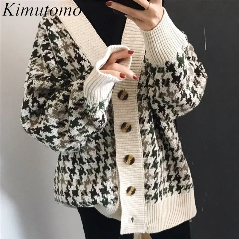 

Kimutomo Chic Elegant Knitting Cardigan Woman 2021 Autumn New Korean Vintage Ins Plaid V-neck Long Sleeves Single Breast Sweater