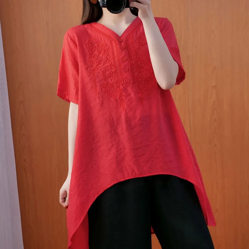 

Women Cotton Linen Casual Blouses New Arrival 2021 Summer Simple Style V-neck Vintage Embroidery Loose Female Tops Shirts S3412