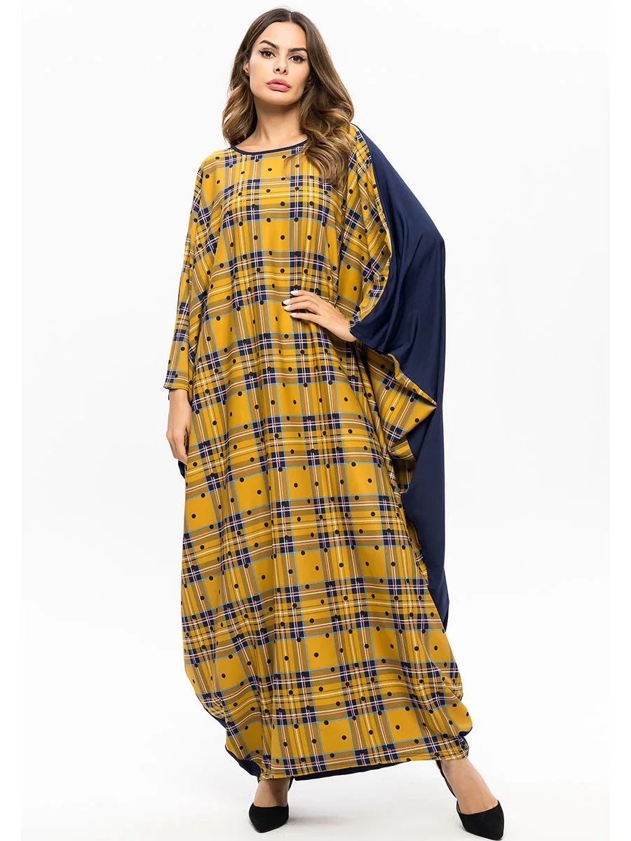 Plaid Muslim Abaya Dress Women Turkey Loose Jilbab Jubah Elbise Islamic Arab Batwing Sleeve Moroccan Kaftan Maxi Hijab Vestidos |