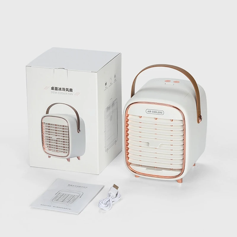 Portable Air Cooler Fan Rechargeable Humidifier Misting Fan with 3 Speeds Cordless Personal Mini Quiet Desk Fan with Handle