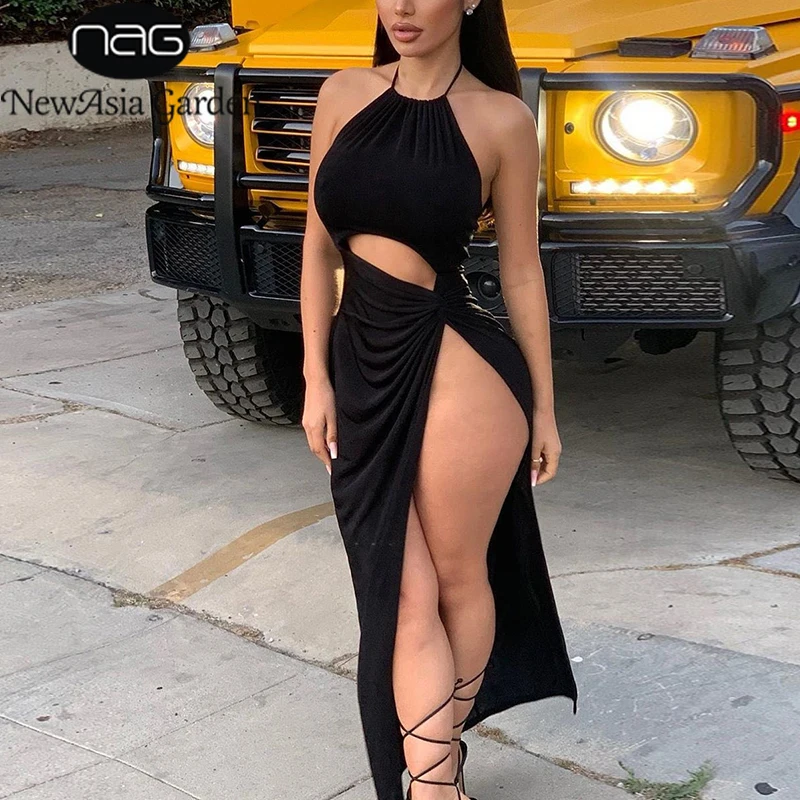 Женское длинное платье с бретельками на бретельках NewAsia Черное открытой спиной