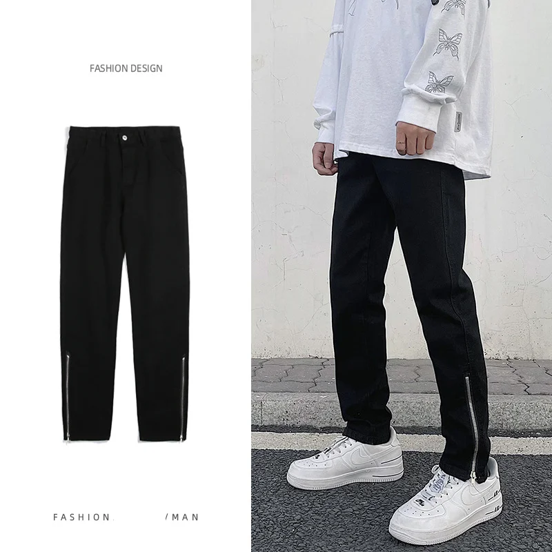 

Джинсы мужские стрейчевые, уличная одежда в Корейском стиле, облегающие Джоггеры в стиле хип-хоп, черные брюки в стиле Харадзюку, повседневн...