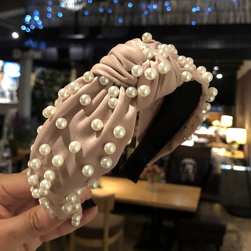 Элегантная Женская атласная лента для волос с жемчужинами модная повязка на